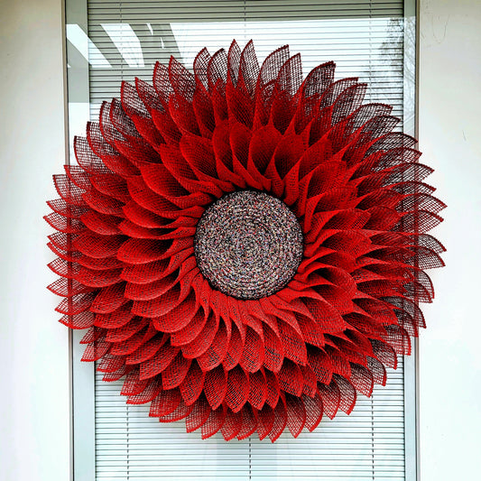 Handmade Red Sunflower Wreath For Front Door, Double Door, Porch Decor, Outdoor Spring Summer Fall Decoration, Large Burlap Flower Home Gift