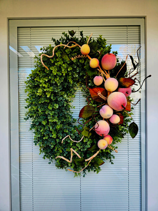 Front Door Wreath, Outdoor Double Door Decor, Spring Summer Oval Greenery Swag, Peaches Decoration, Fruit Eucalyptus & Boxwood Home Gift