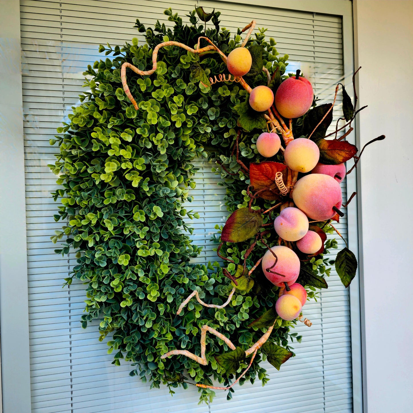 Front Door Wreath, Outdoor Double Door Decor, Spring Summer Oval Greenery Swag, Peaches Decoration, Fruit Eucalyptus & Boxwood Home Gift