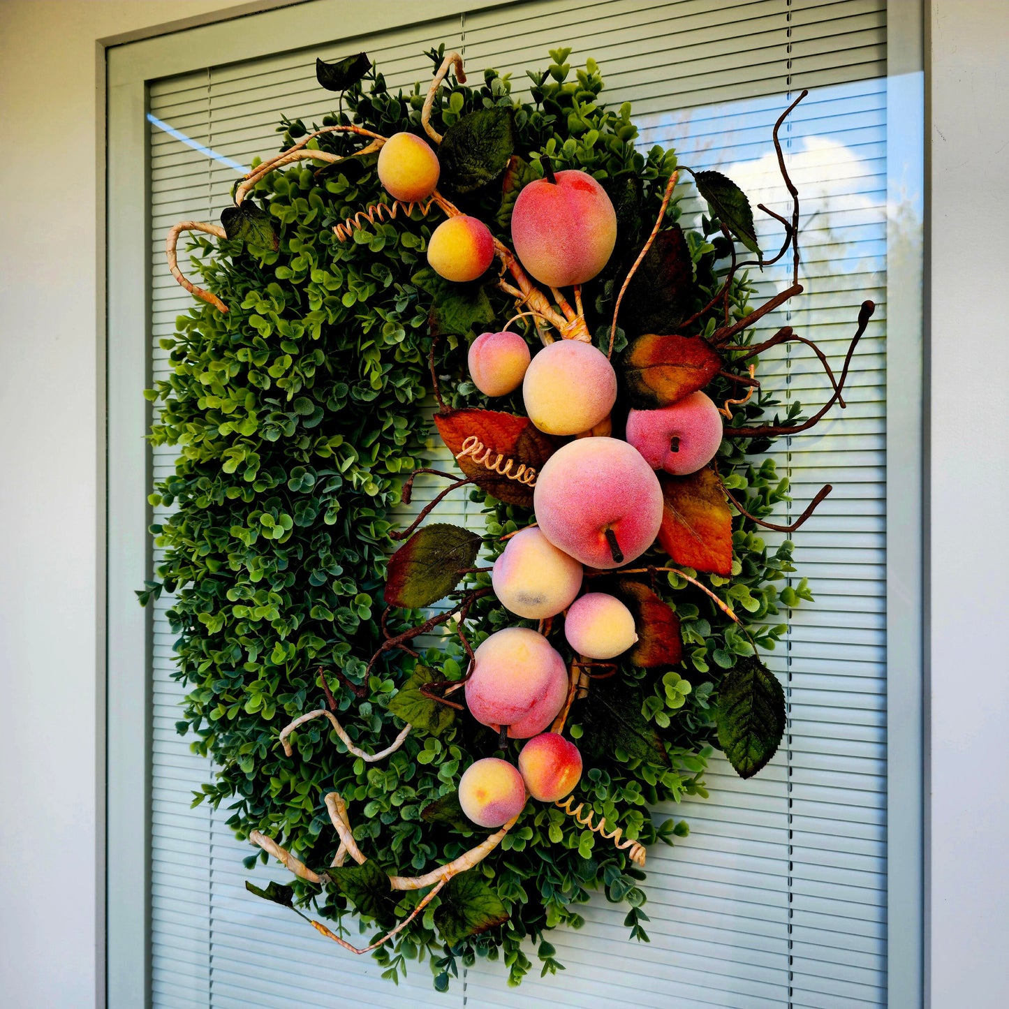 Front Door Wreath, Outdoor Double Door Decor, Spring Summer Oval Greenery Swag, Peaches Decoration, Fruit Eucalyptus & Boxwood Home Gift