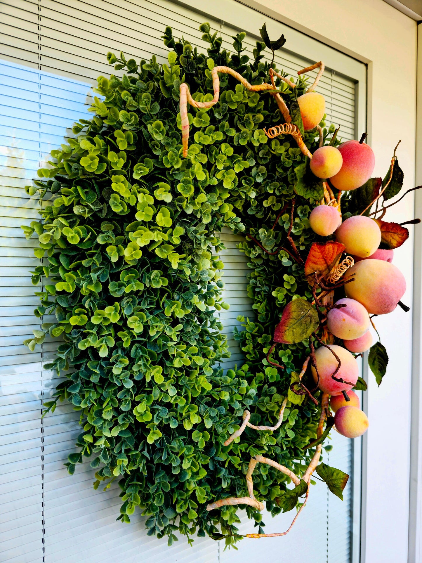 Front Door Wreath, Outdoor Double Door Decor, Spring Summer Oval Greenery Swag, Peaches Decoration, Fruit Eucalyptus & Boxwood Home Gift