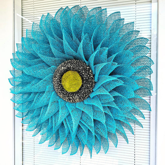 Spring Summer Front Door Wreath, Double Door Decor, Turquoise Aqua Teal Wall Hanging Burlap Flower, Seasonal Porch Decoration, Home Gift