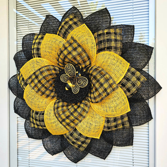 Sunflower Bumble Bee Wreath For Front Door, Double Door, Outdoor Spring Summer Fall Season Porch Decor, Bumblebee Wall Decoration, Home Gift