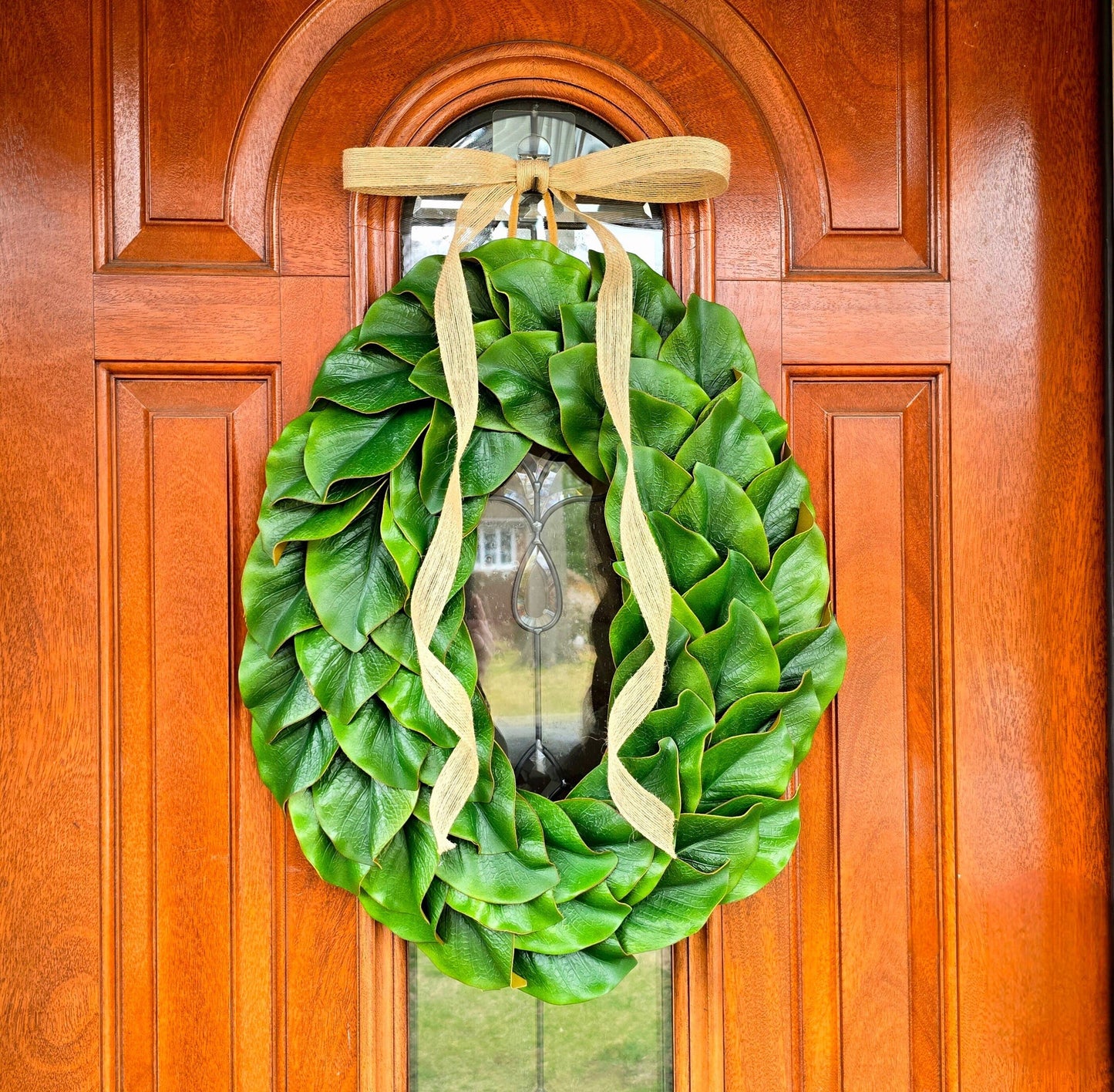 Magnolia Leaves Wreath For Front & Double Door Indoor Outdoor Spring Summer Fall Winter Decor Year Round Seasonal Oval Wall Hanger Home Gift