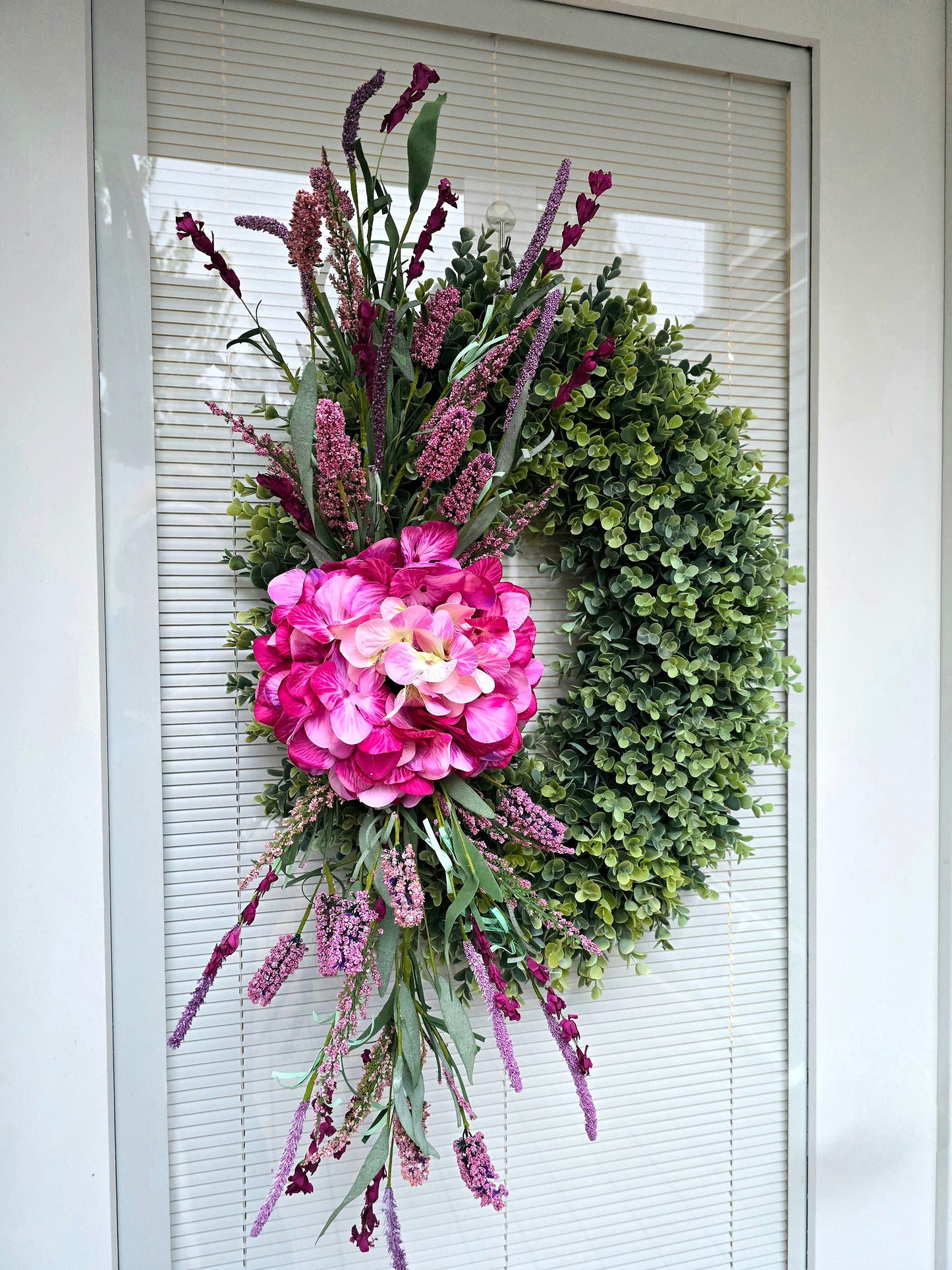 Spring Summer Wreath For Front Door Double Door Wreaths Outdoor Home Decor - Large Oval Eucalyptus Greenery Pink Hydrangea Lavender