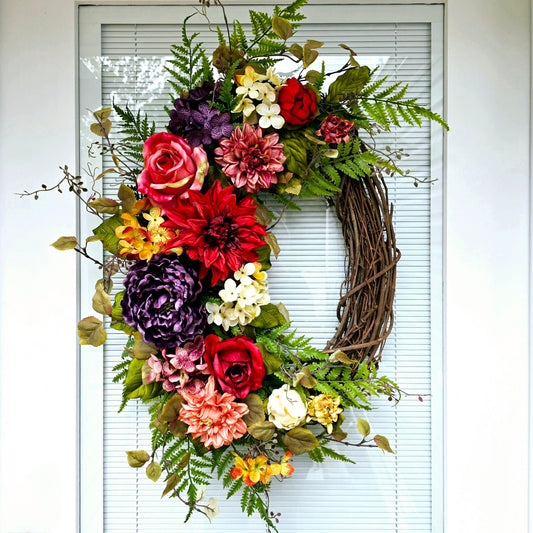 Spring Summer Wreath For Front Door Double Doors Wreaths Outdoor Large Colorful Flowers Oval Grapevine Hanging Wall Decor Floral Home Gifts