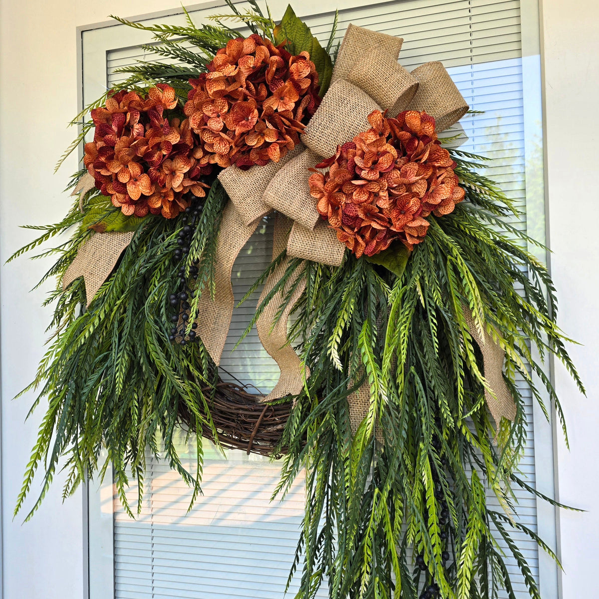 Year Round Wreath for Front Door Outdoor Spring Summer Fall Porch Decor Double Door Wreaths  Orange Hydrangea Fern Greenery Grapevine Wreath