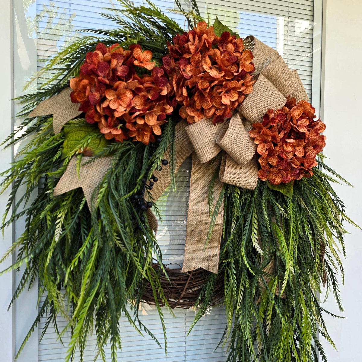 Year Round Wreath for Front Door Outdoor Spring Summer Fall Porch Decor Double Door Wreaths  Orange Hydrangea Fern Greenery Grapevine Wreath