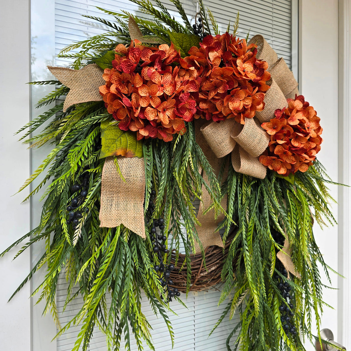 Year Round Wreath for Front Door Outdoor Spring Summer Fall Porch Decor Double Door Wreaths  Orange Hydrangea Fern Greenery Grapevine Wreath