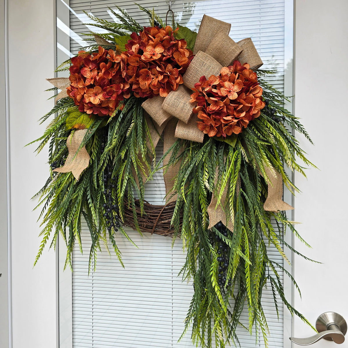 Year Round Wreath for Front Door Outdoor Spring Summer Fall Porch Decor Double Door Wreaths  Orange Hydrangea Fern Greenery Grapevine Wreath