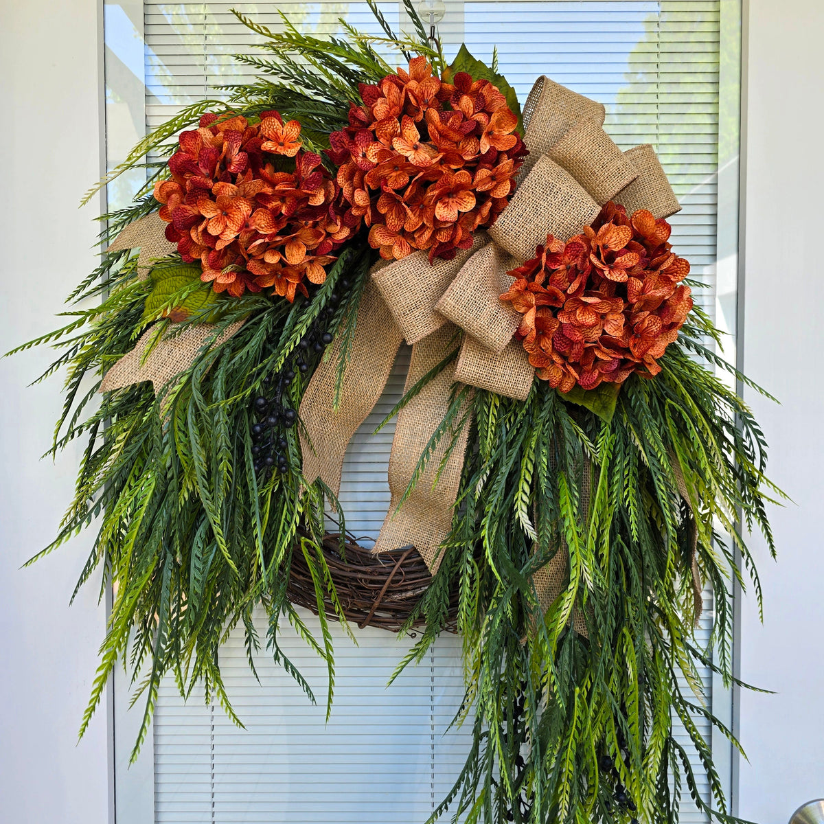 Year Round Wreath for Front Door Outdoor Spring Summer Fall Porch Decor Double Door Wreaths  Orange Hydrangea Fern Greenery Grapevine Wreath