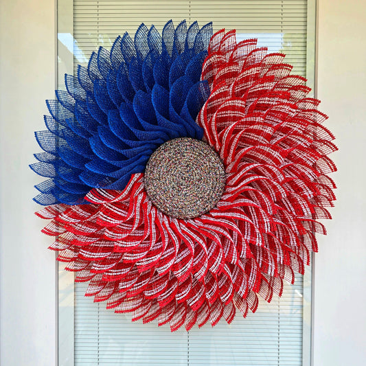 American Flag Wreath For Front & Double Door, Outdoor Flower Porch Decor For Fourth Of July 4th Memorial Day Labor Day USA In Red White Blue