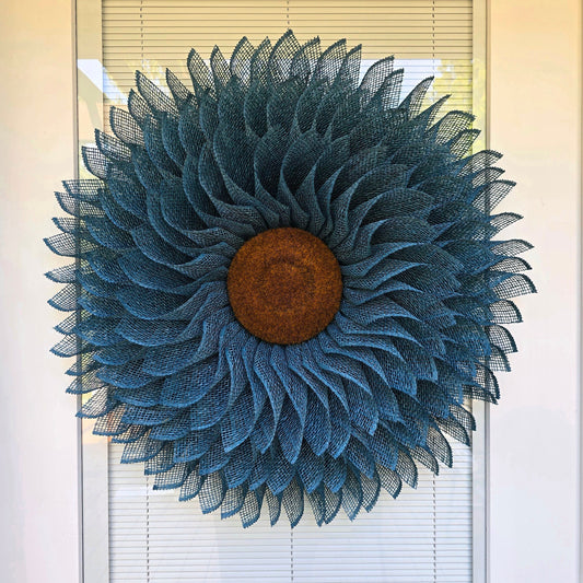 Sunflower Wreath for Front Door Double Door Wreaths Indoor Outdoor Spring Summer Fall Floral Home Decor Blue Burlap Flower Housewarming Gift