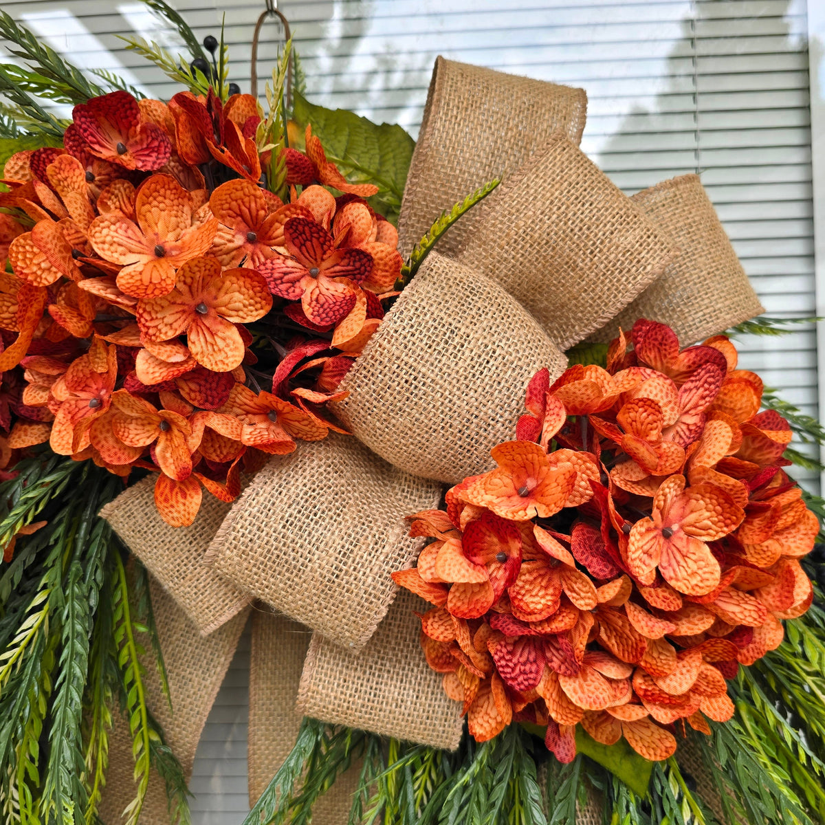 Year Round Wreath for Front Door Outdoor Spring Summer Fall Porch Decor Double Door Wreaths  Orange Hydrangea Fern Greenery Grapevine Wreath