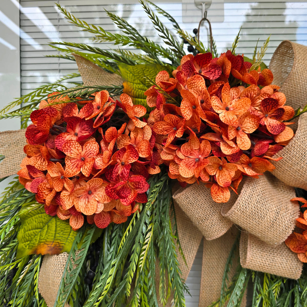 Year Round Wreath for Front Door Outdoor Spring Summer Fall Porch Decor Double Door Wreaths  Orange Hydrangea Fern Greenery Grapevine Wreath