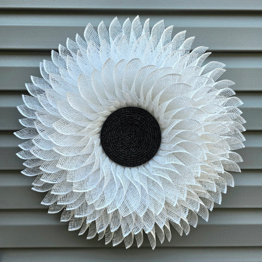 White Burlap Flower Wreath For Front Door, Double Door, Outdoor Spring Summer Fall Porch Decor, Sunflower Wall Decoration, Daisy Home Gift