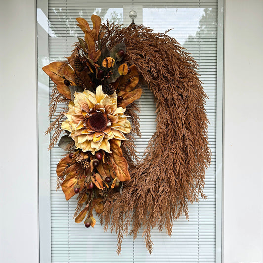 Fall Wreath For Front Door, Double Door Wreaths, Outdoor Porch Decor, Autumn, Thanksgiving, Neutral Sunflower Decoration, Home Gift