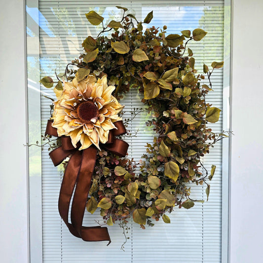 FALL WREATH For Front Door, Double Doors, Outdoor Autumn Harvest Porch Decor, Thanksgiving Oval Decoration, Sunflower & Eucalyptus Home Gift