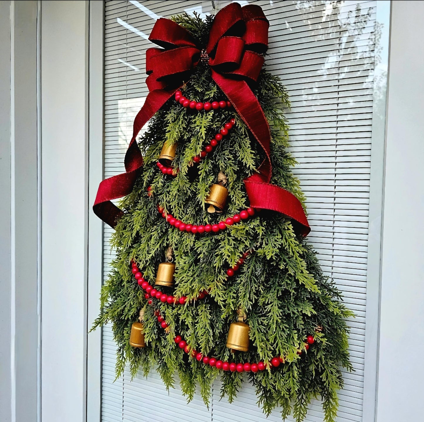 Christmas Wreaths For Front Door, Double Door, Unique Holiday Teardrop Swag & Bells, Winter Xmas Tree Shaped Home Decor, Elegant House Gift