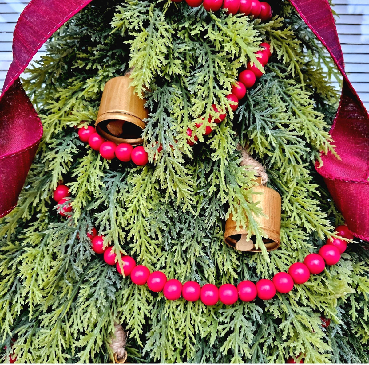 Christmas Wreaths For Front Door, Double Door, Unique Holiday Teardrop Swag & Bells, Winter Xmas Tree Shaped Home Decor, Elegant House Gift