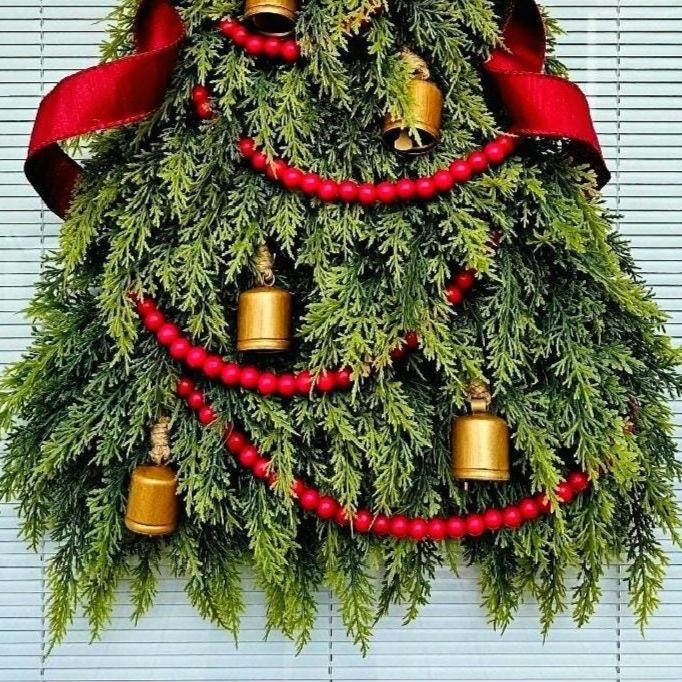 Christmas Wreaths For Front Door, Double Door, Unique Holiday Teardrop Swag & Bells, Winter Xmas Tree Shaped Home Decor, Elegant House Gift