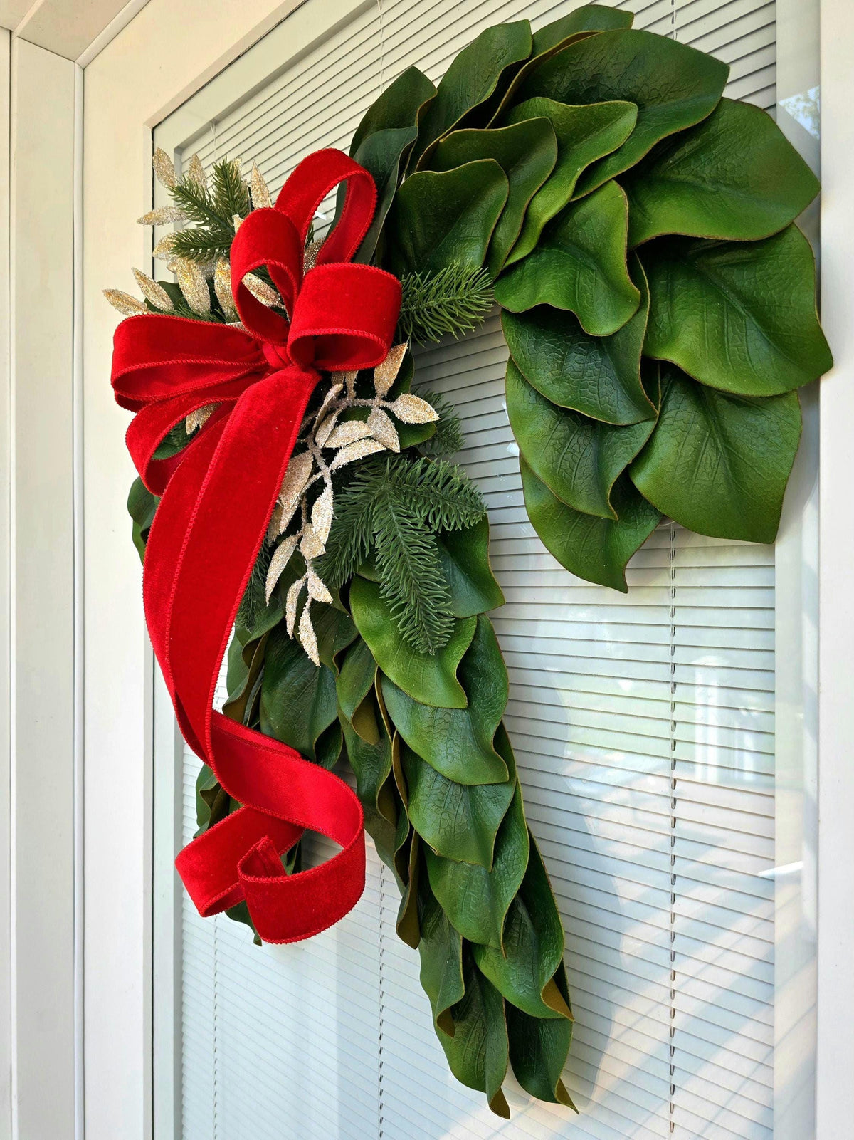 Large Christmas Wreath For Front Door, Outdoor Holiday Decor, Double Door Wreaths - Candy Cane Shaped Xmas Teardrop Swag