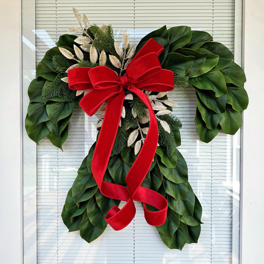 Candy Cane Wreath, Christmas Wreaths For Front Door, Holiday Double Door Decor, Candycane Shaped With Magnolia Leaves, Home Gifts