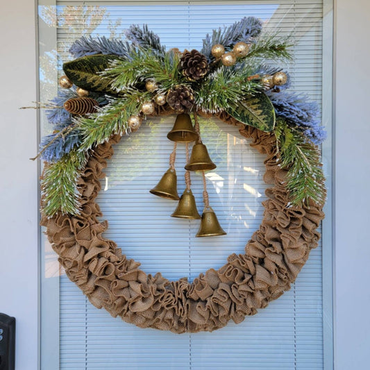 Christmas Wreath For Front Door, Double Doors, Porch Decor, Outdoor Winter Holiday Decoration With Burlap Flocked Pine Bells Pinecones, Gift