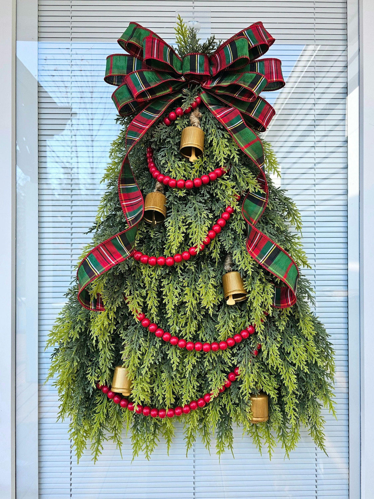 Christmas Tree Wreath: Cedar, Plaid Bow & Gold Bells
