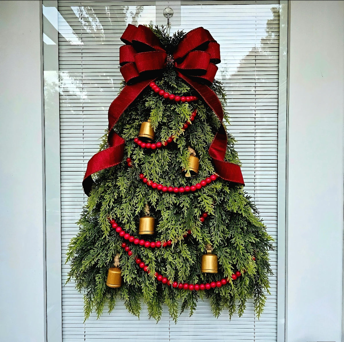 Christmas Wreaths For Front Door, Double Door, Unique Holiday Teardrop Swag & Bells, Winter Xmas Tree Shaped Home Decor, Elegant House Gift