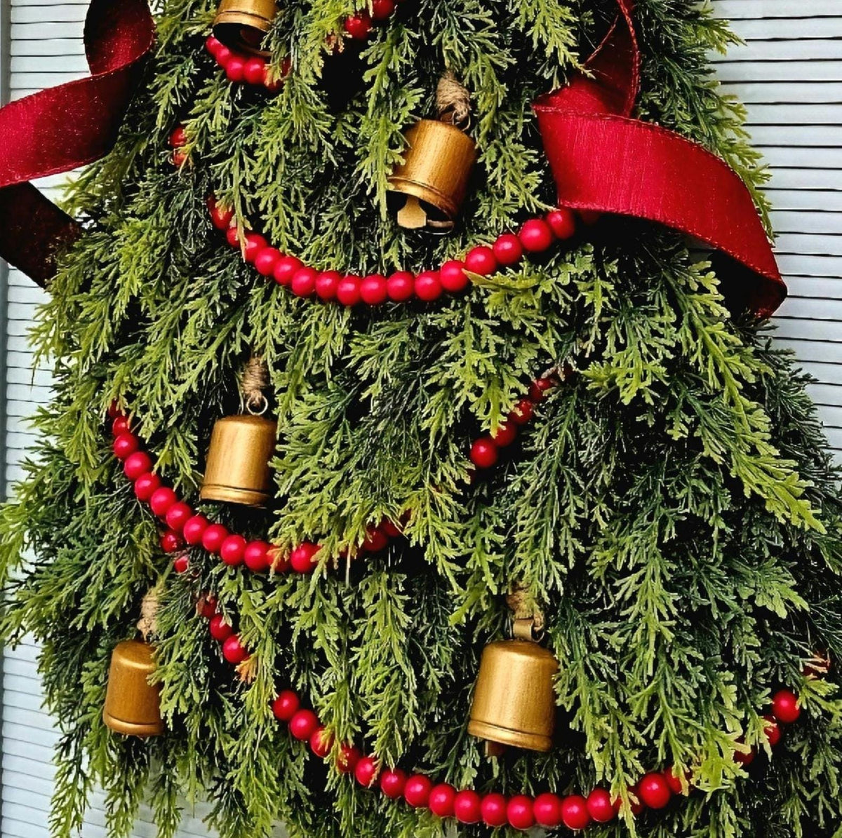 Christmas Wreaths For Front Door, Double Door, Unique Holiday Teardrop Swag & Bells, Winter Xmas Tree Shaped Home Decor, Elegant House Gift