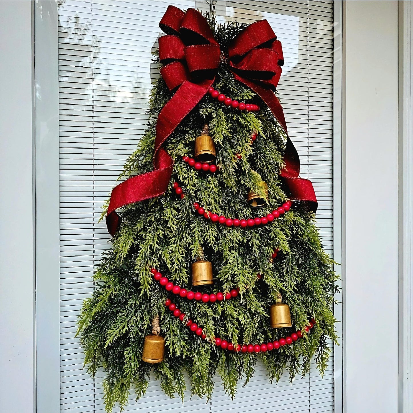 Christmas Wreaths For Front Door, Double Door, Unique Holiday Teardrop Swag & Bells, Winter Xmas Tree Shaped Home Decor, Elegant House Gift