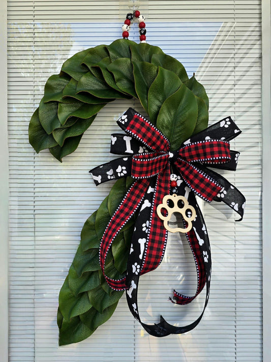 Dog Lover Christmas Candy Cane Wreath for Front Door, Unique Double Door Xmas Decor, Holiday Paw Print Wall Decoration, Pet Home Gift