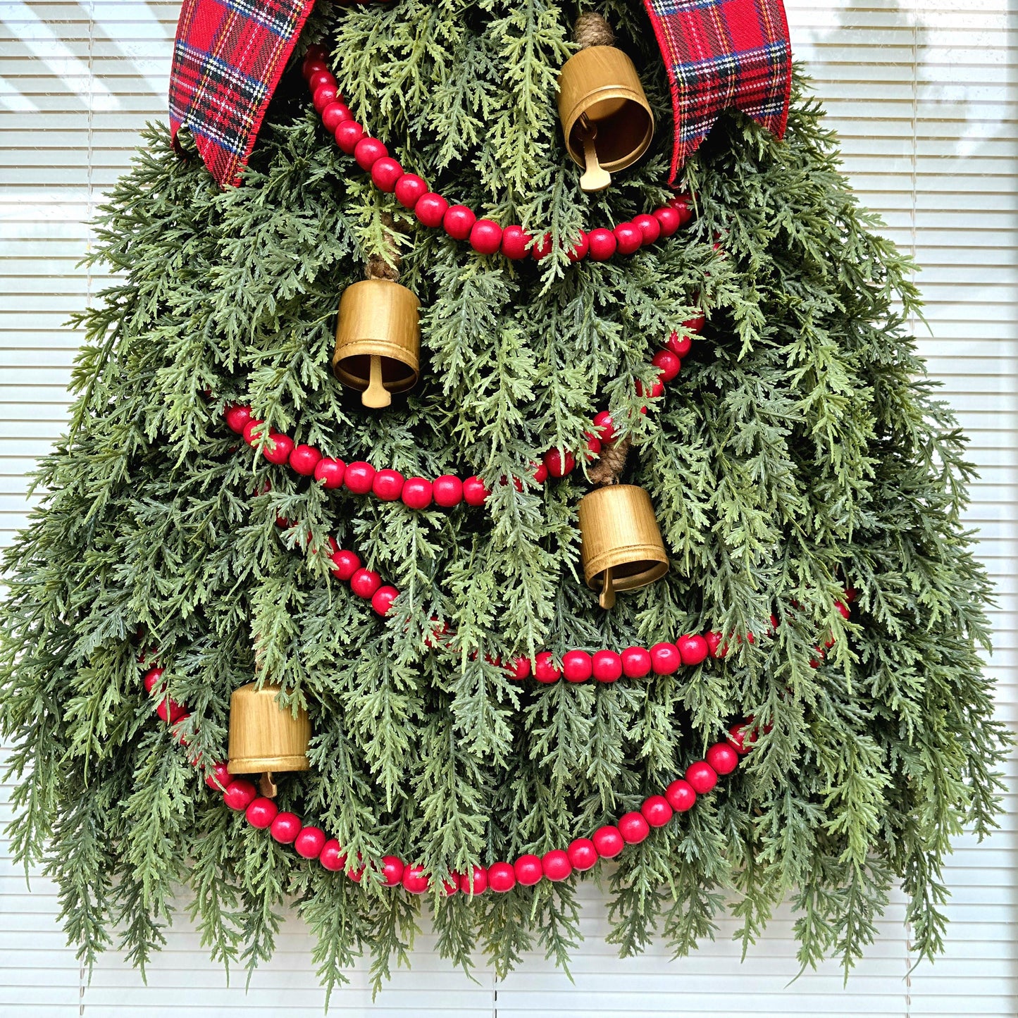 Christmas Tree Wreath For Front Door, Double Doors Wreaths, Xmas Tree Shaped Swag With Cedar, Bells, Traditional Plaid Bow, Unique Home Gift