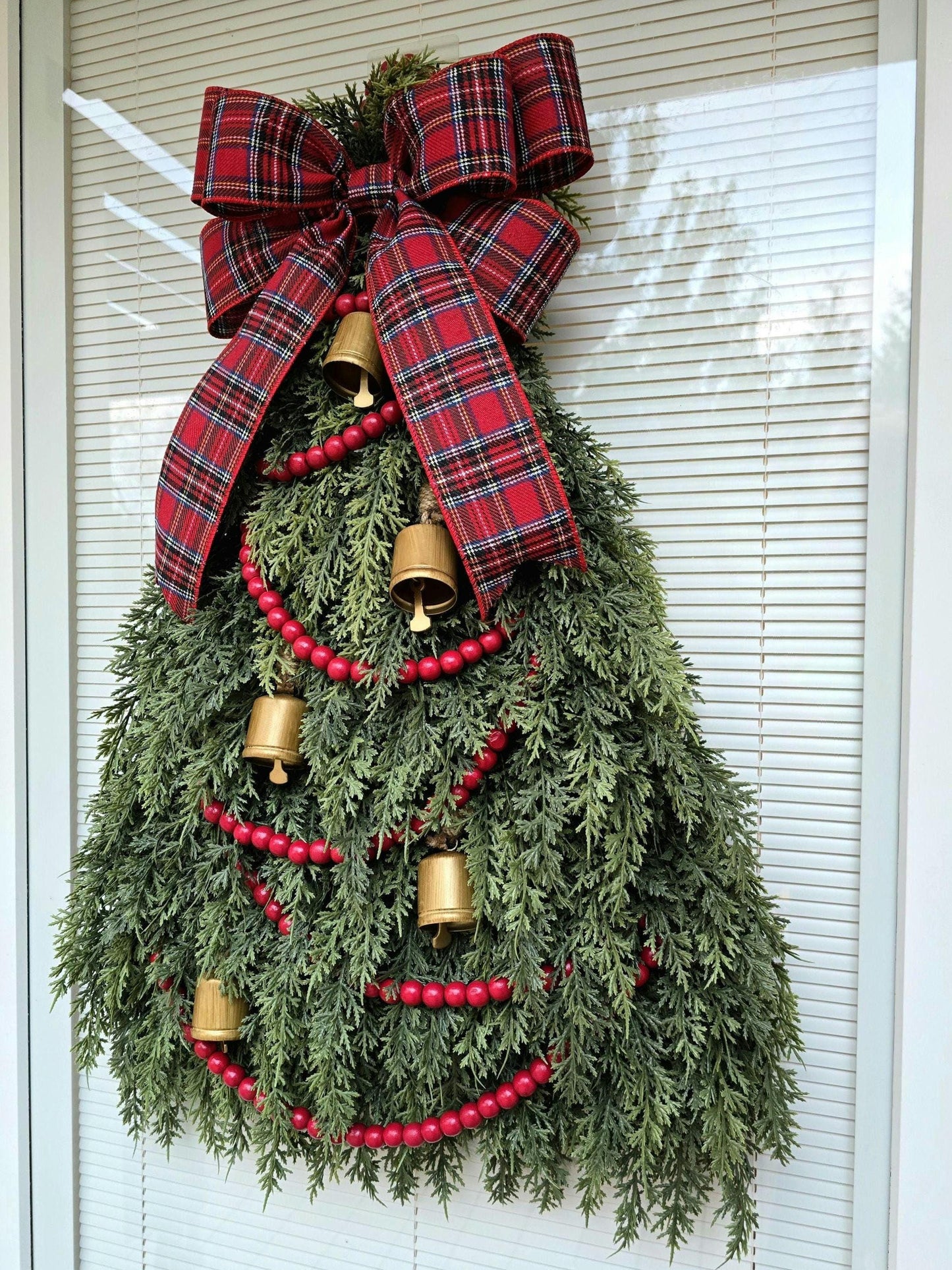 Christmas Tree Wreath For Front Door, Double Doors Wreaths, Xmas Tree Shaped Swag With Cedar, Bells, Traditional Plaid Bow, Unique Home Gift