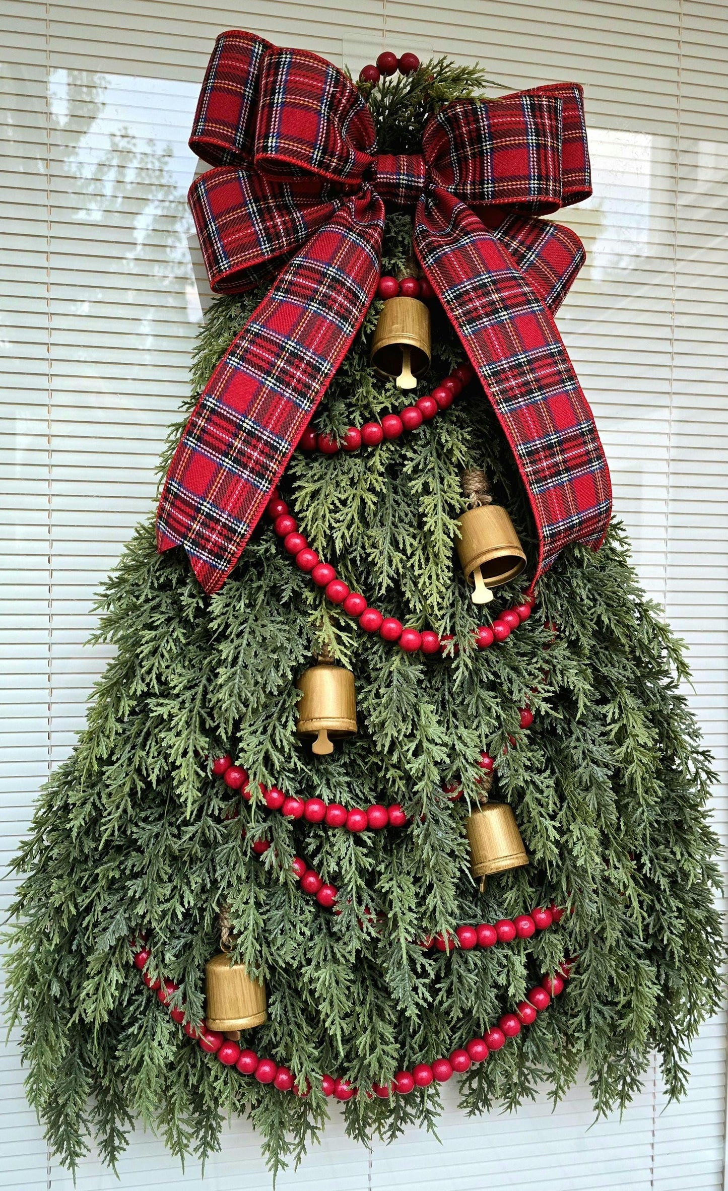 Christmas Tree Wreath For Front Door, Double Doors Wreaths, Xmas Tree Shaped Swag With Cedar, Bells, Traditional Plaid Bow, Unique Home Gift