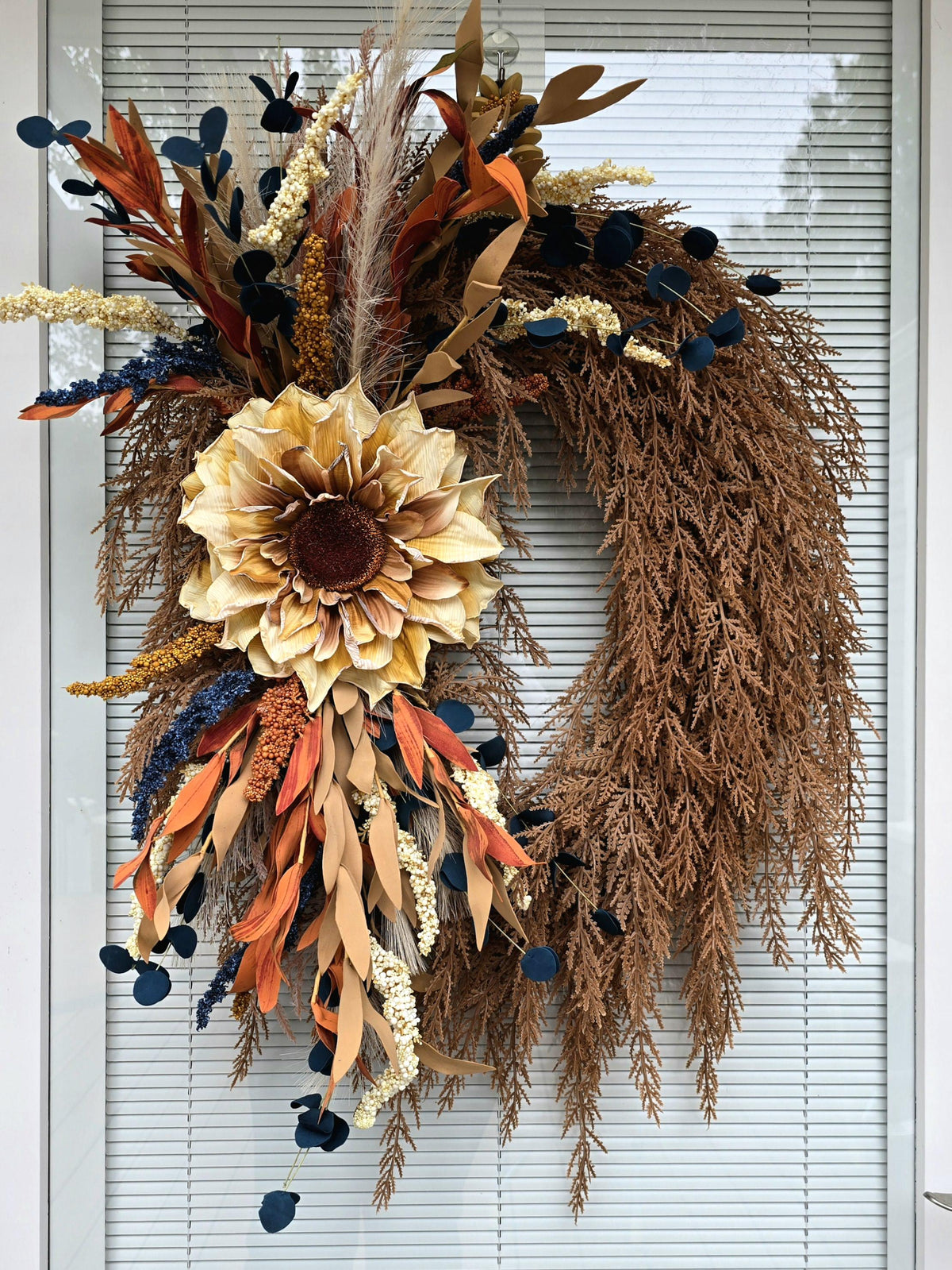 Handcrafted Autumn Sunflower Wreath: Blue, Cream & Orange Fall Decor