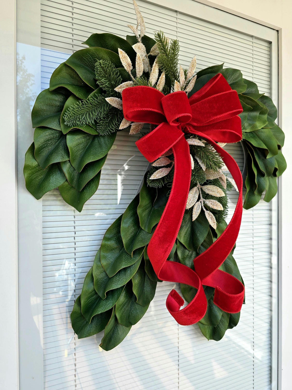 Large Christmas Wreath For Front Door, Outdoor Holiday Decor, Double Door Wreaths - Candy Cane Shaped Xmas Teardrop Swag