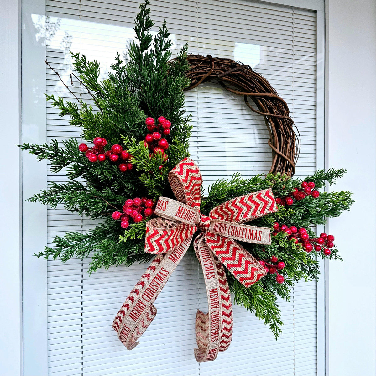 Merry Christmas Wreath: Cedar, Red Berries & Burlap Bow