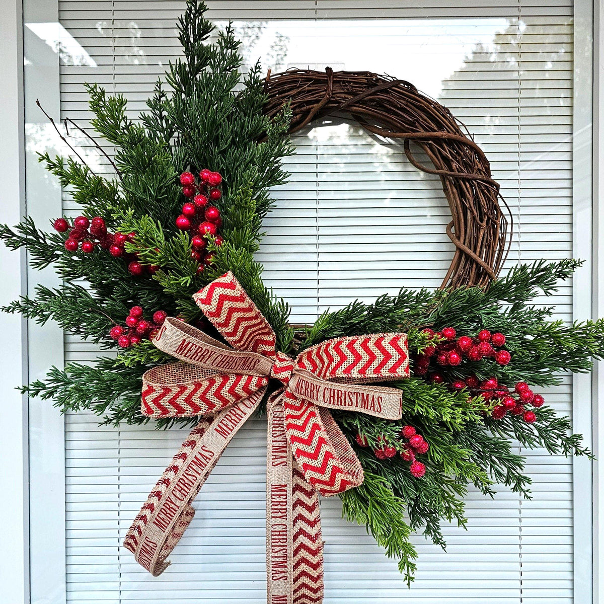 Merry Christmas Wreath: Cedar, Red Berries & Burlap Bow