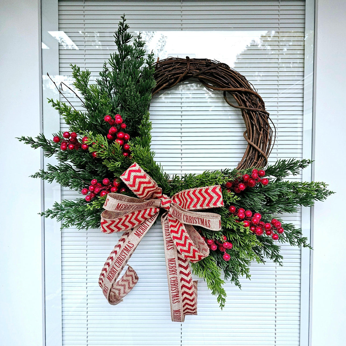 Merry Christmas Wreath: Cedar, Red Berries & Burlap Bow