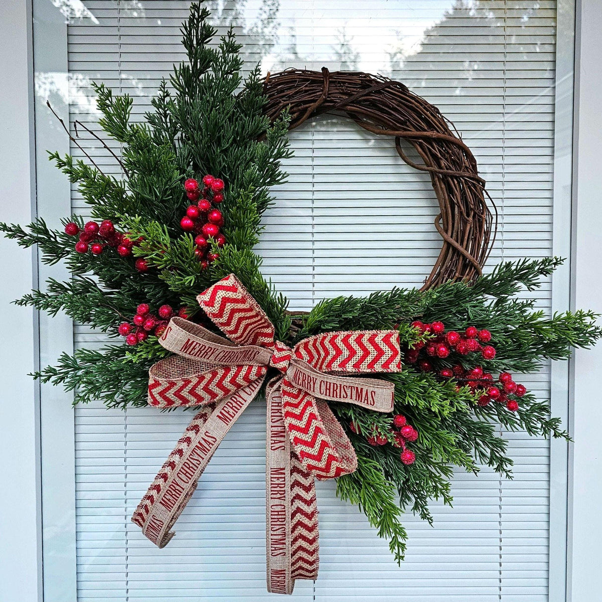Merry Christmas Wreath: Cedar, Red Berries & Burlap Bow