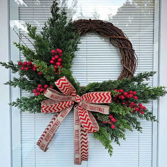 Merry Christmas Wreath: Cedar, Red Berries & Burlap Bow