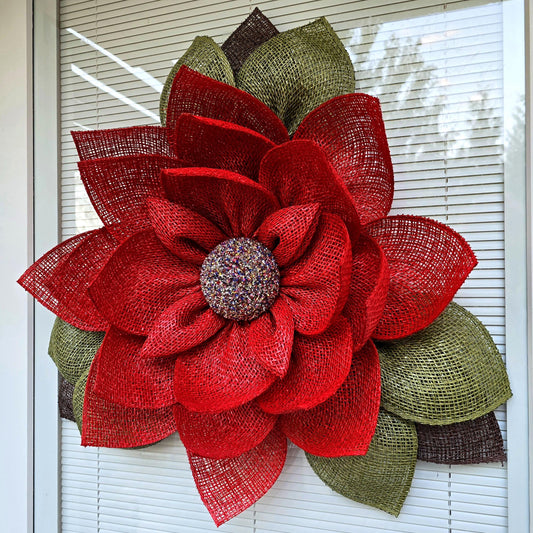 Magnolia Wreath For Front Door Double Door Indoor Outdoor Spring Summer Fall Winter Seasonal Floral Decor Red Burlap Flower Home Gift