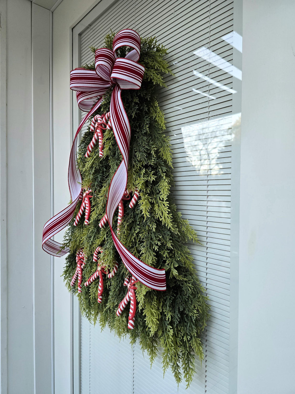 Christmas Wreath For Front Door, Double Door Wreaths,  Indoor Outdoor Holiday Candy Cane Xmas Tree Swag With Red White Candycanes