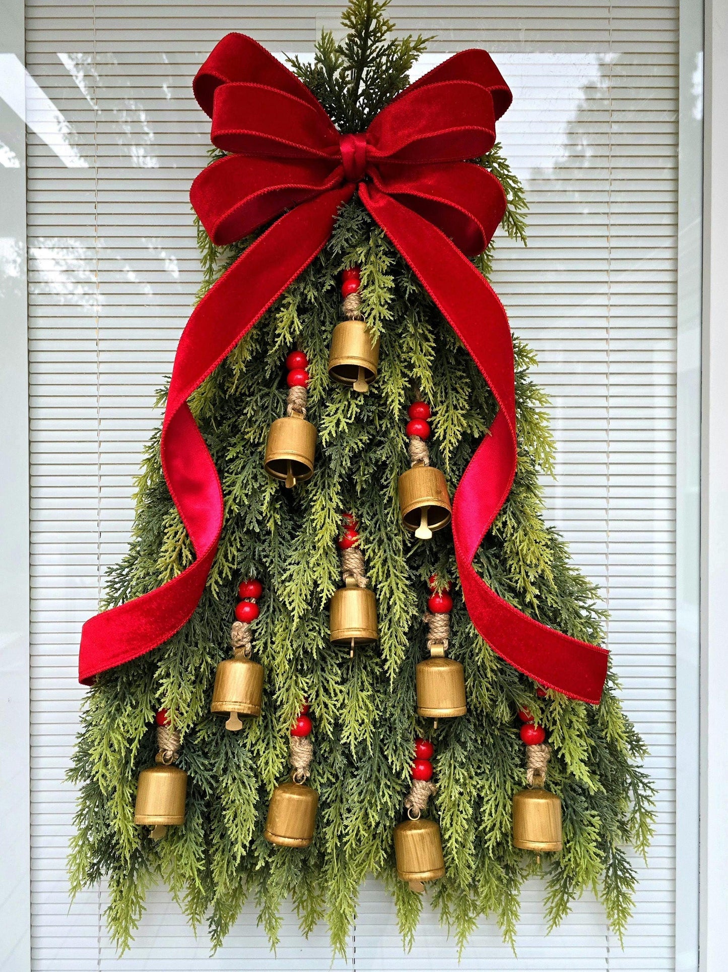 Christmas Tree Wreath For Front Door Double Doors Wreaths Holiday Porch Decor Winter Artificial Cedar & Bells Teardrop Swag Xmas Home Gift