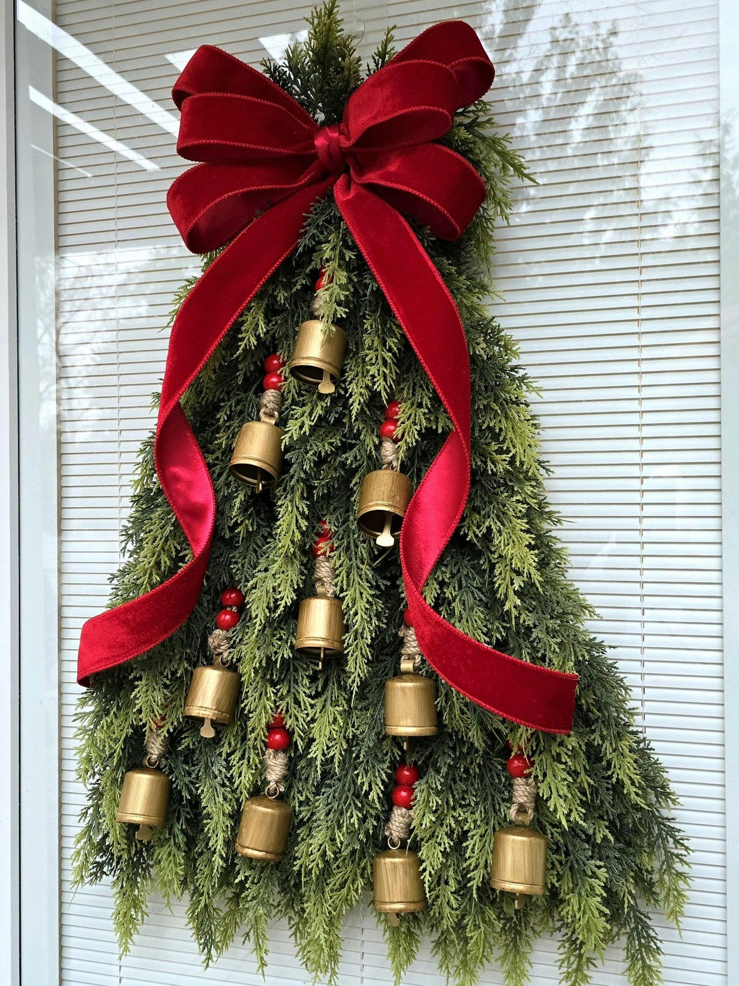 Christmas Tree Wreath For Front Door Double Doors Wreaths Holiday Porch Decor Winter Artificial Cedar & Bells Teardrop Swag Xmas Home Gift