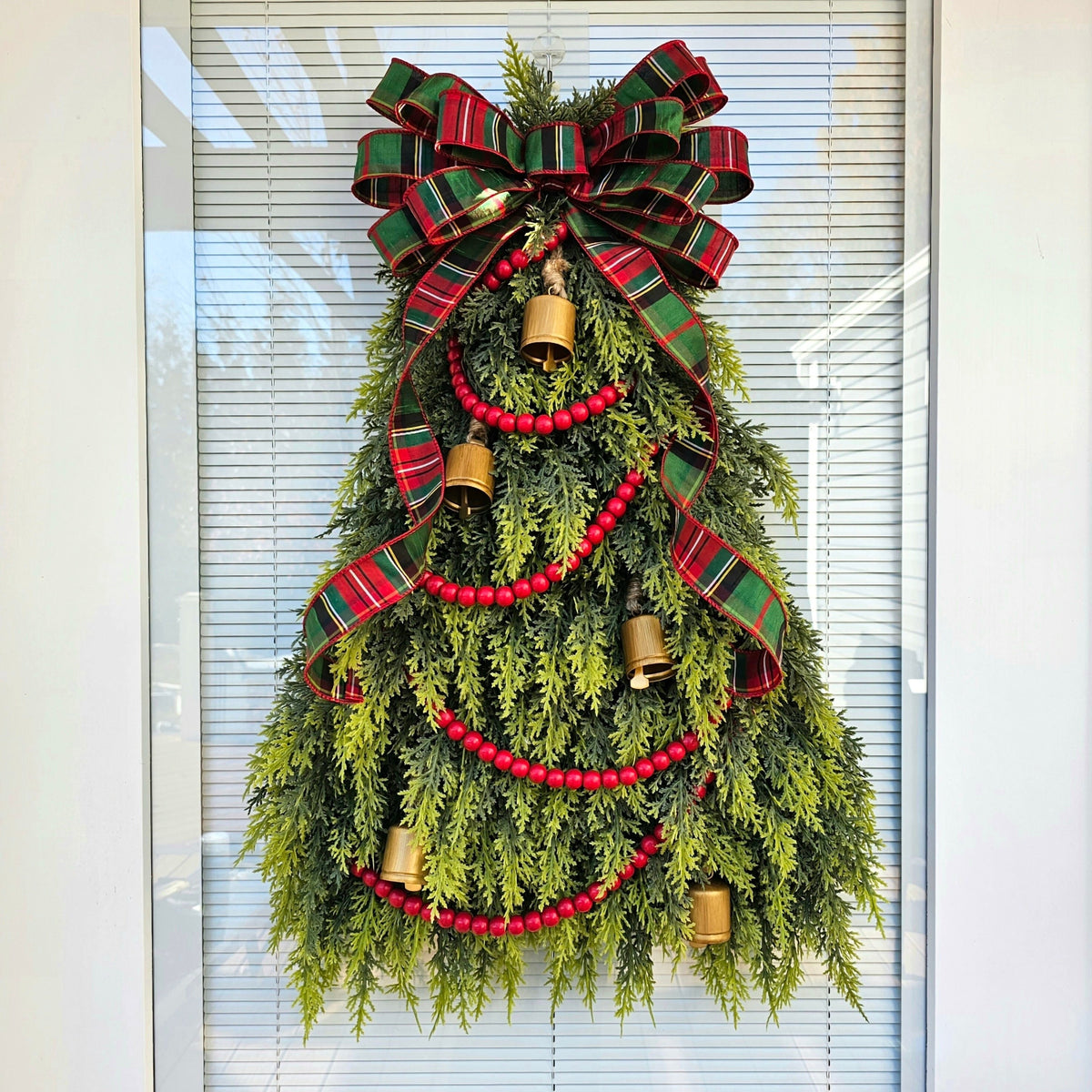 Christmas Tree Wreath: Cedar, Plaid Bow & Gold Bells
