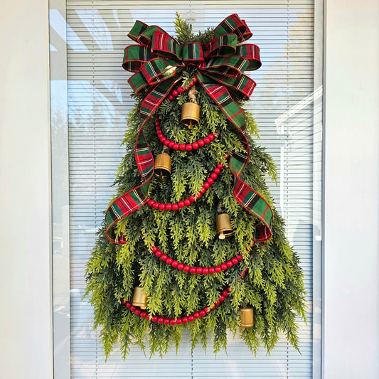 Christmas Tree Wreath: Cedar, Plaid Bow & Gold Bells