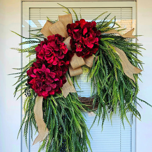 Large Christmas Wreath For Front Door Outdoor Holiday Decor Double Door Wreaths Porch Decor Red Hydrangea Fern Greenery Grapevine Wreath